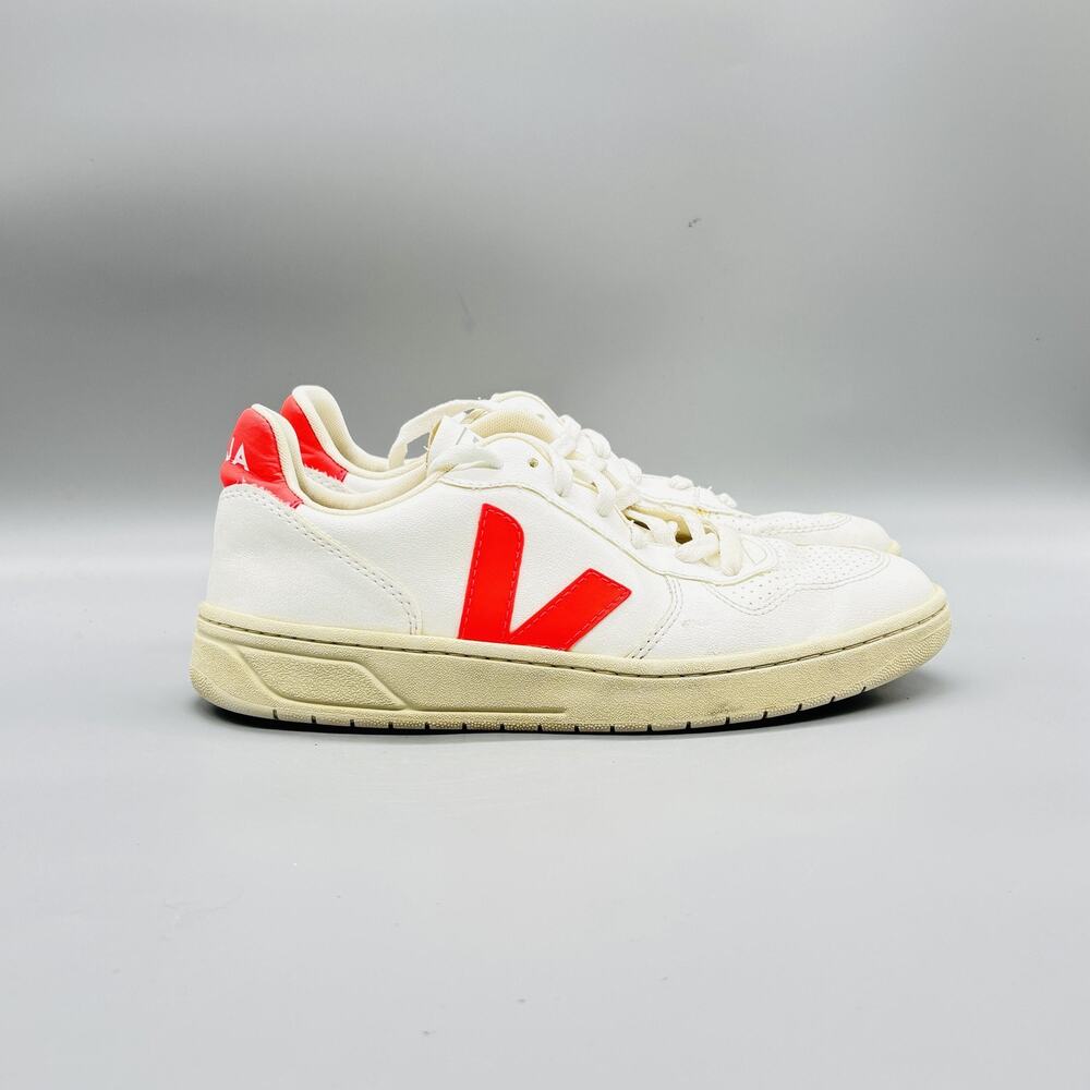 Veja Women’s V-10 Leather Sneaker in White with Red Accent